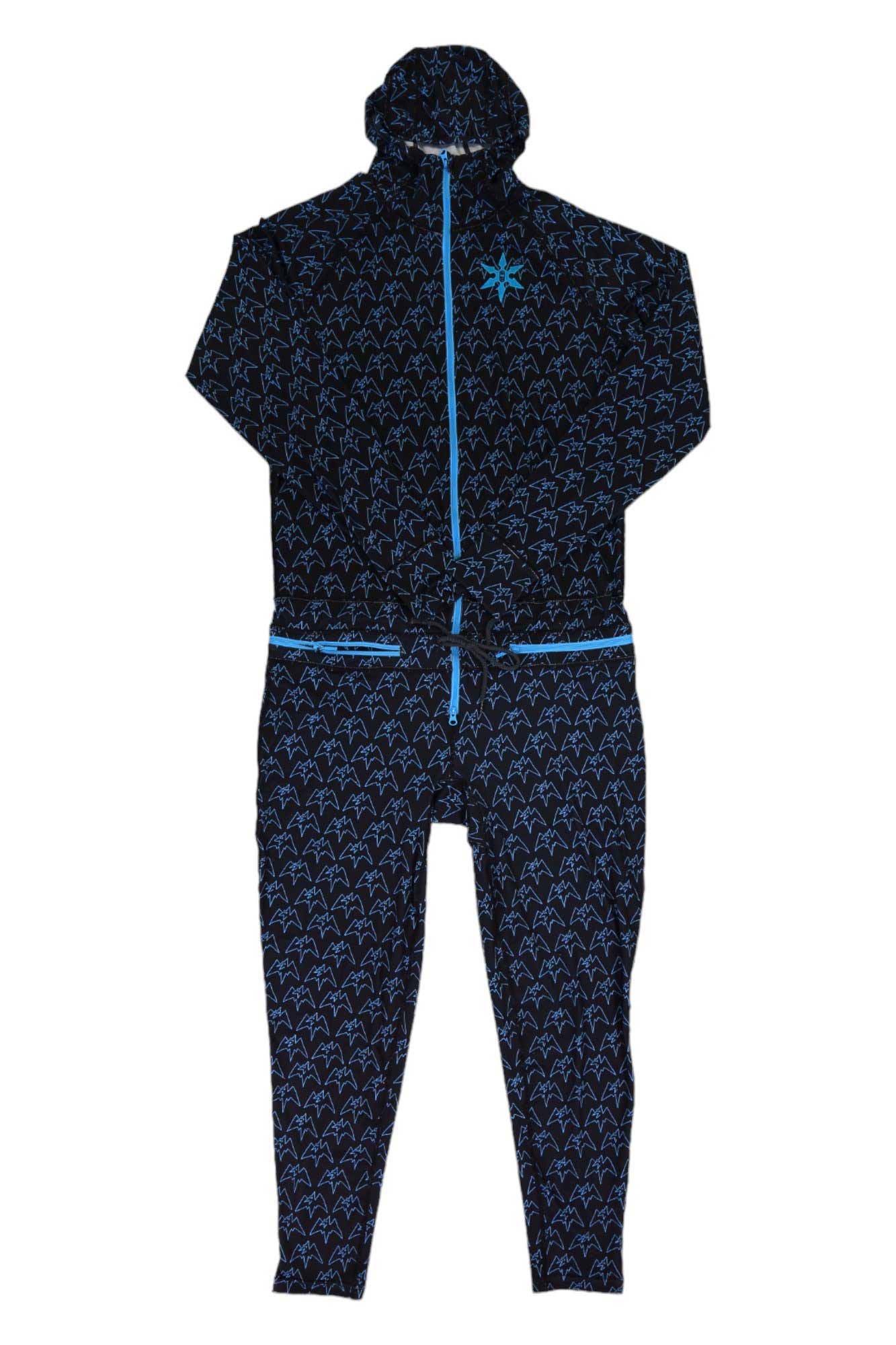 The Airblaster Mens Classic Ninja Suit is a black hooded jumpsuit with blue zipper, cuffs, all-over blue geometric pattern, and star emblem—ideal as a men's base layer for warmth.