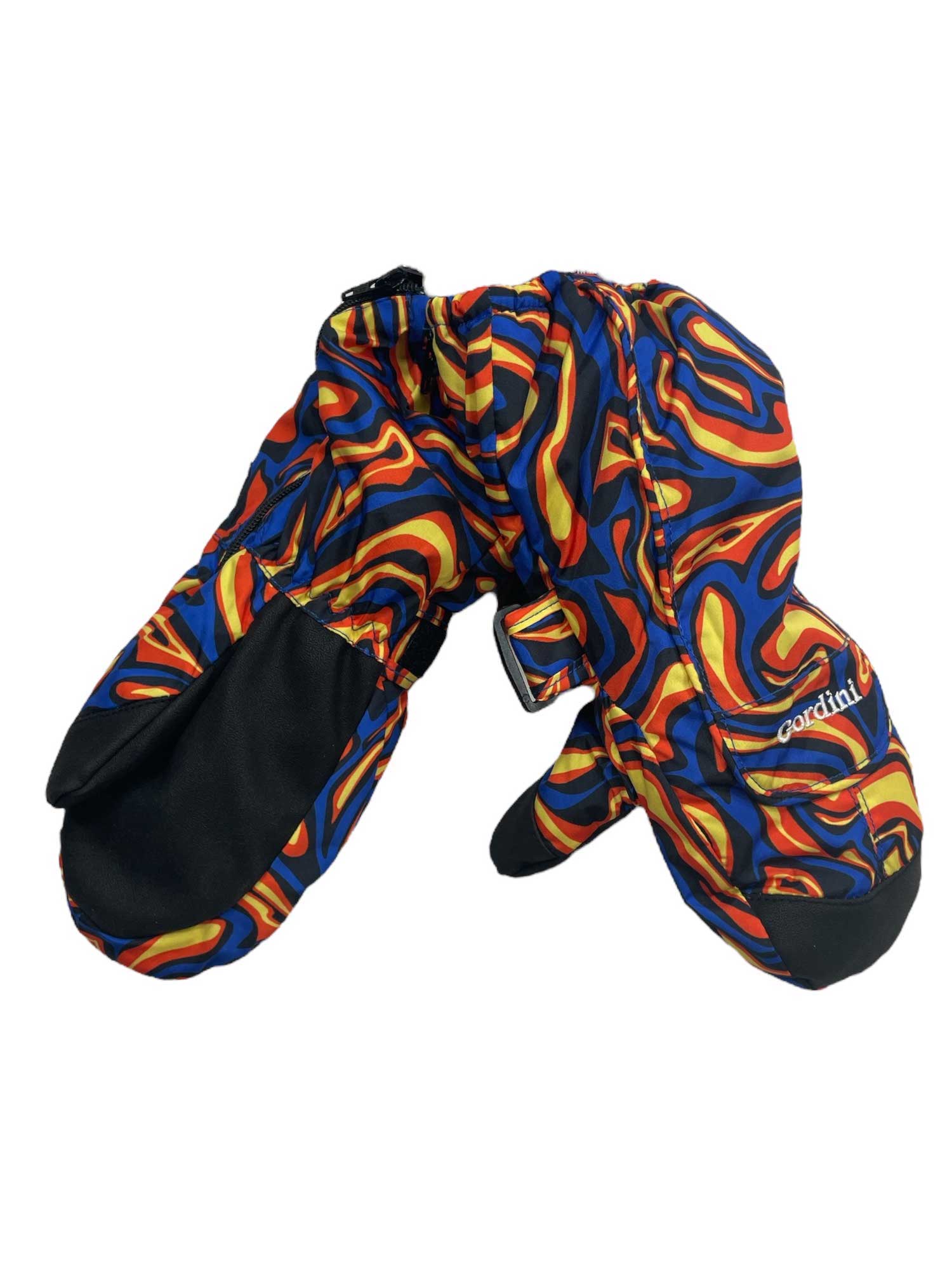 The Gordini Kids Cub Mitt features a vibrant red, yellow, and blue swirl pattern, black palms, “cordini” branding on one mitten, and offers perfect waterproof insulation for kids.