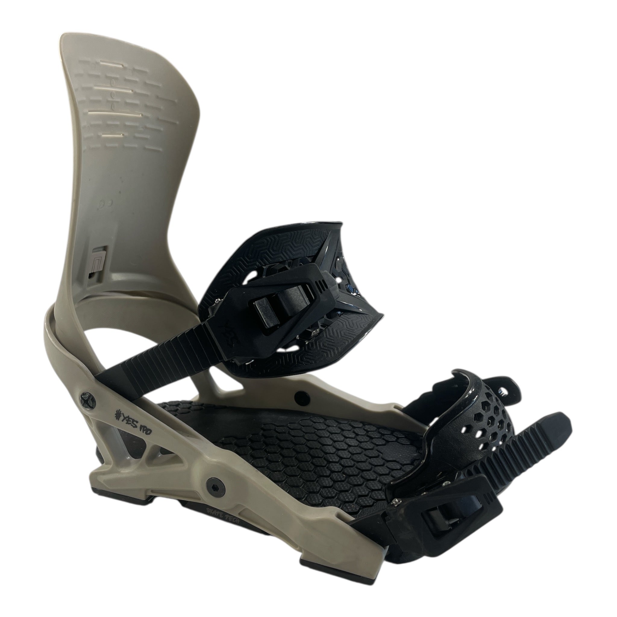 The YES IPO Snowboard Bindings in beige and black feature adjustable straps and a highback, shown on a white background—perfect for riders wanting responsive bindings.