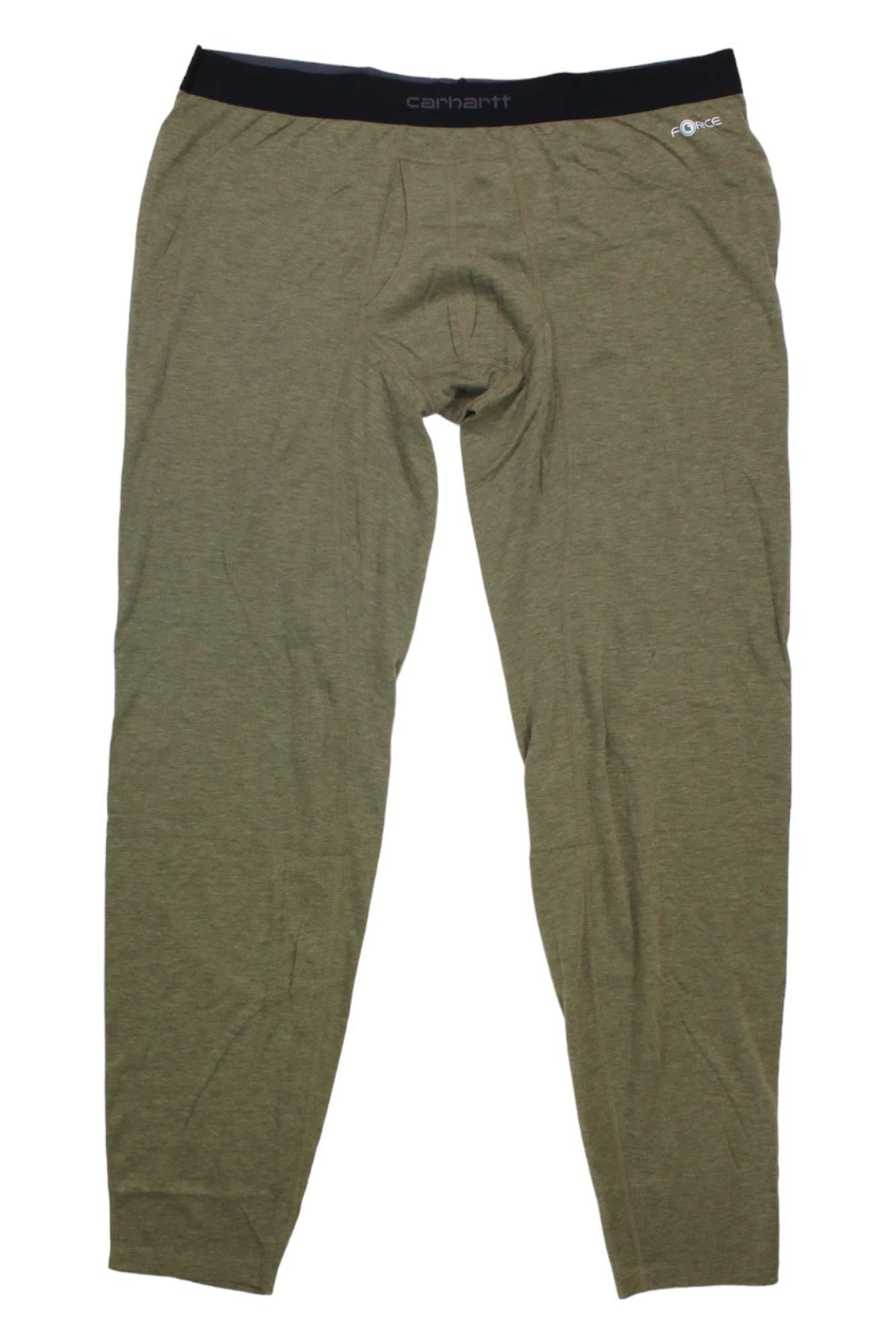 A pair of olive green Carhartt Men's Base Force Heavyweight Poly-Wool Bottoms with a black Carhartt-logo waistband, laid flat on a white background; designed for superior warmth.