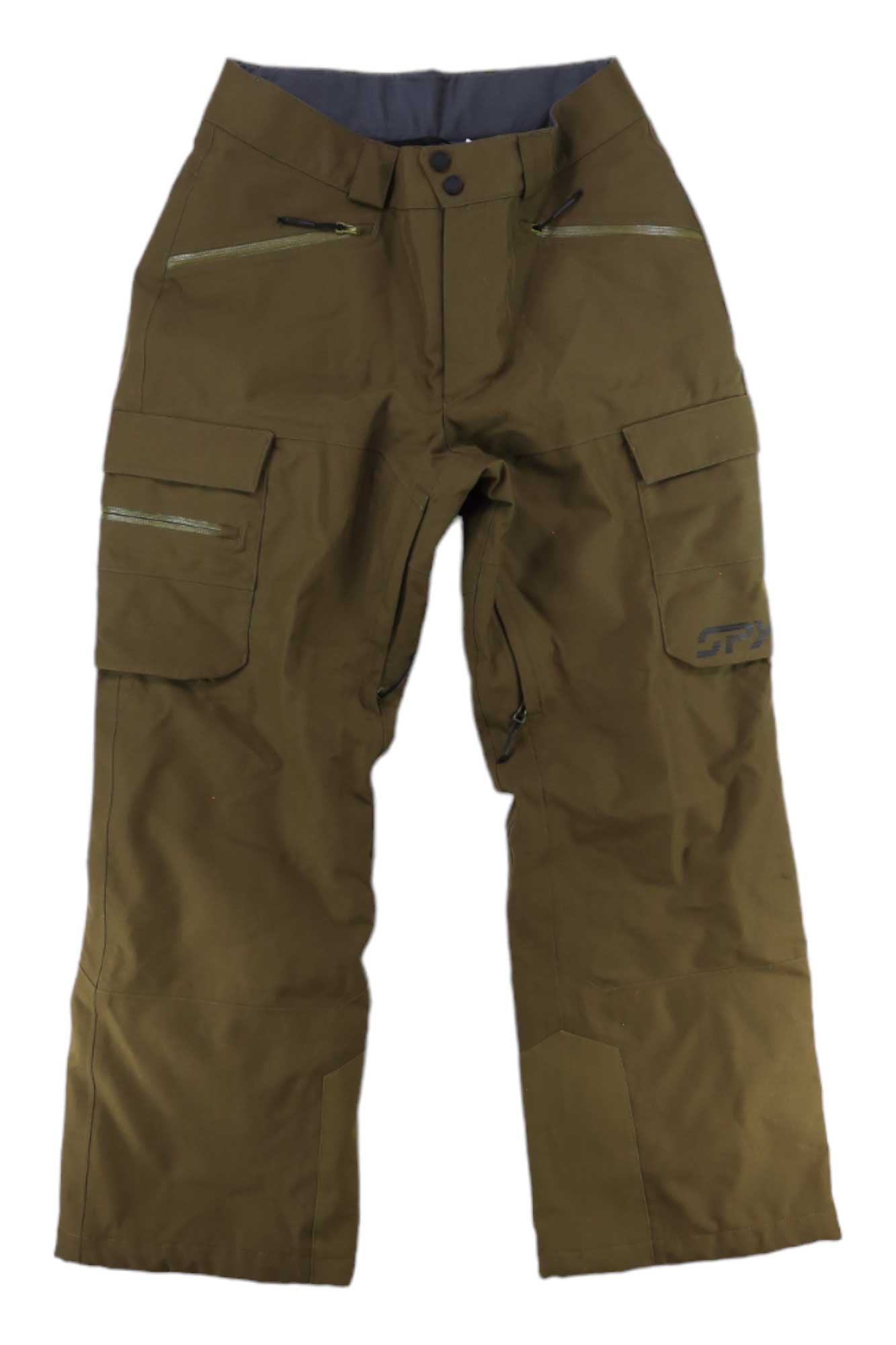 A pair of brown cargo pants inspired by the Spyder Mens Seventy Pant, featuring multiple pockets, visible zippers, and button closure—designed like insulated waterproof snow pants. Laid flat on a white background.