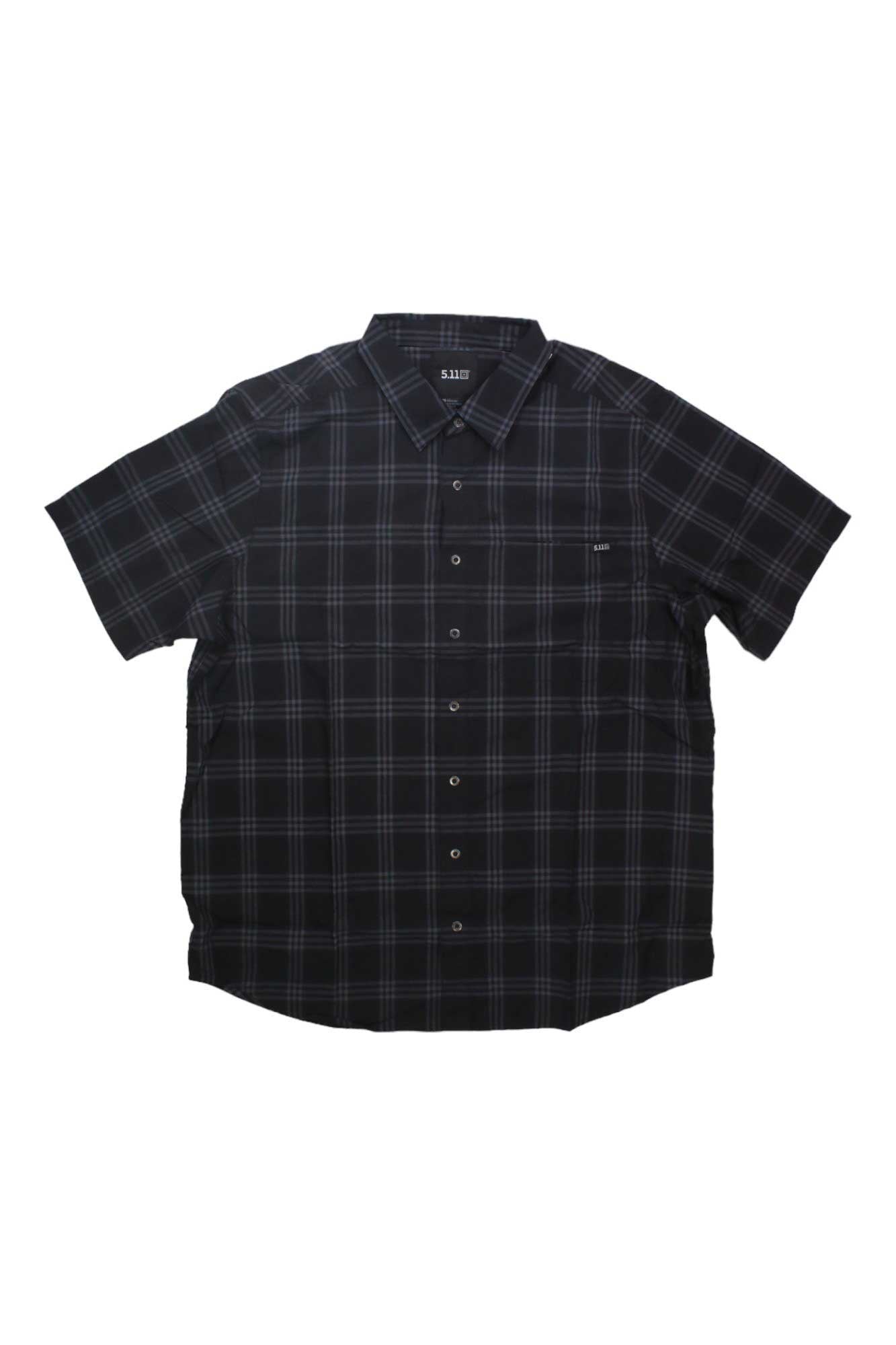 The 5.11 Mens Wyatt SS Plaid Shirt is a short sleeve shirt with a black and gray plaid pattern, shown on a white background—ideal as an outdoor shirt for versatile style.