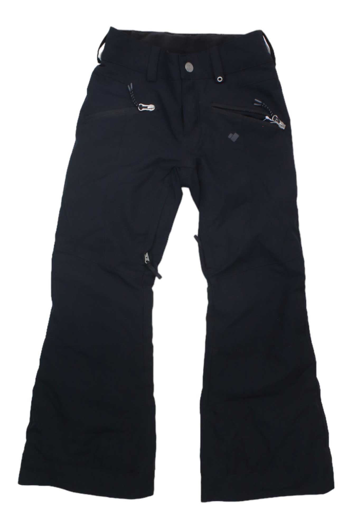 Obermeyer Girls Jessi Pant—black snow pants for girls featuring zippered pockets, belt loops, and a button closure, shown laid flat on a white background.