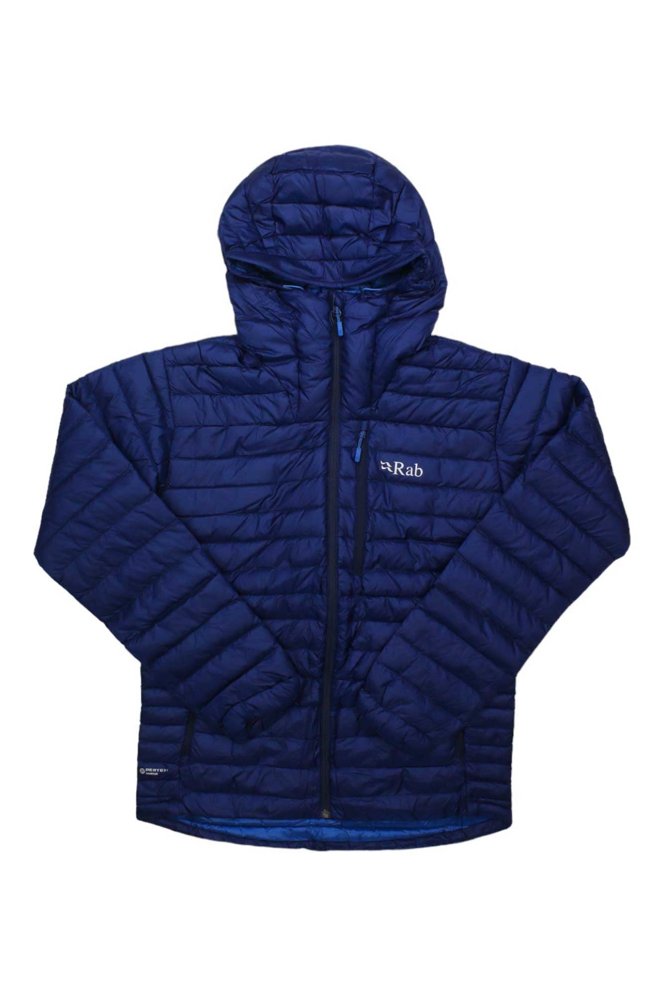 Men's dark blue hooded puffer jacket with full-zip, quilted baffles, and Rab logo.