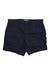 The Carve Designs Womens Oahu 6 Inch Twill Short in dark navy features front pockets, belt loops, button closure, and UPF 50+ sun protection—ideal outdoor shorts for women, shown on a white background.