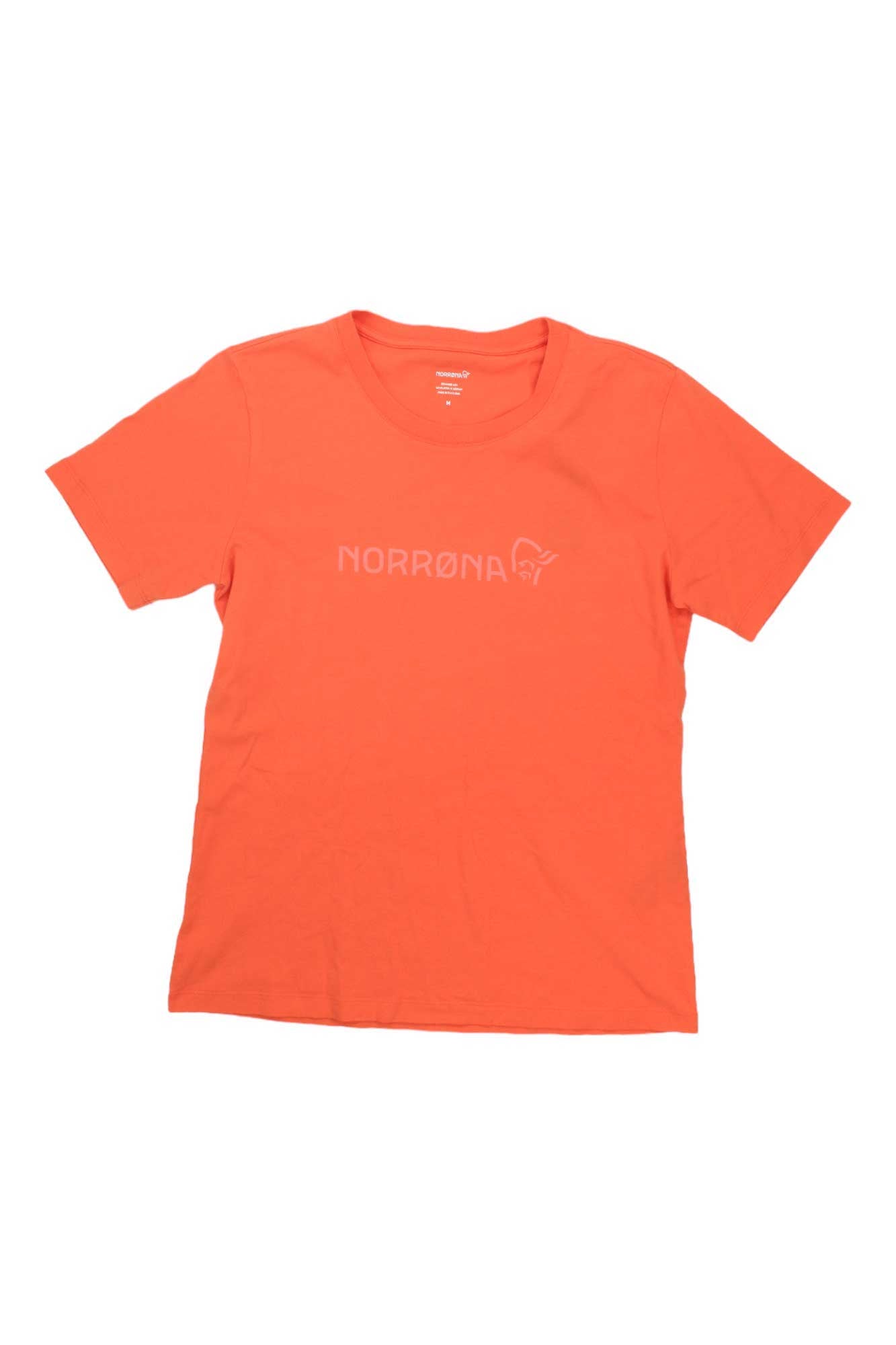 Women's cotton T-shirt, coral orange; Norrona chest graphic