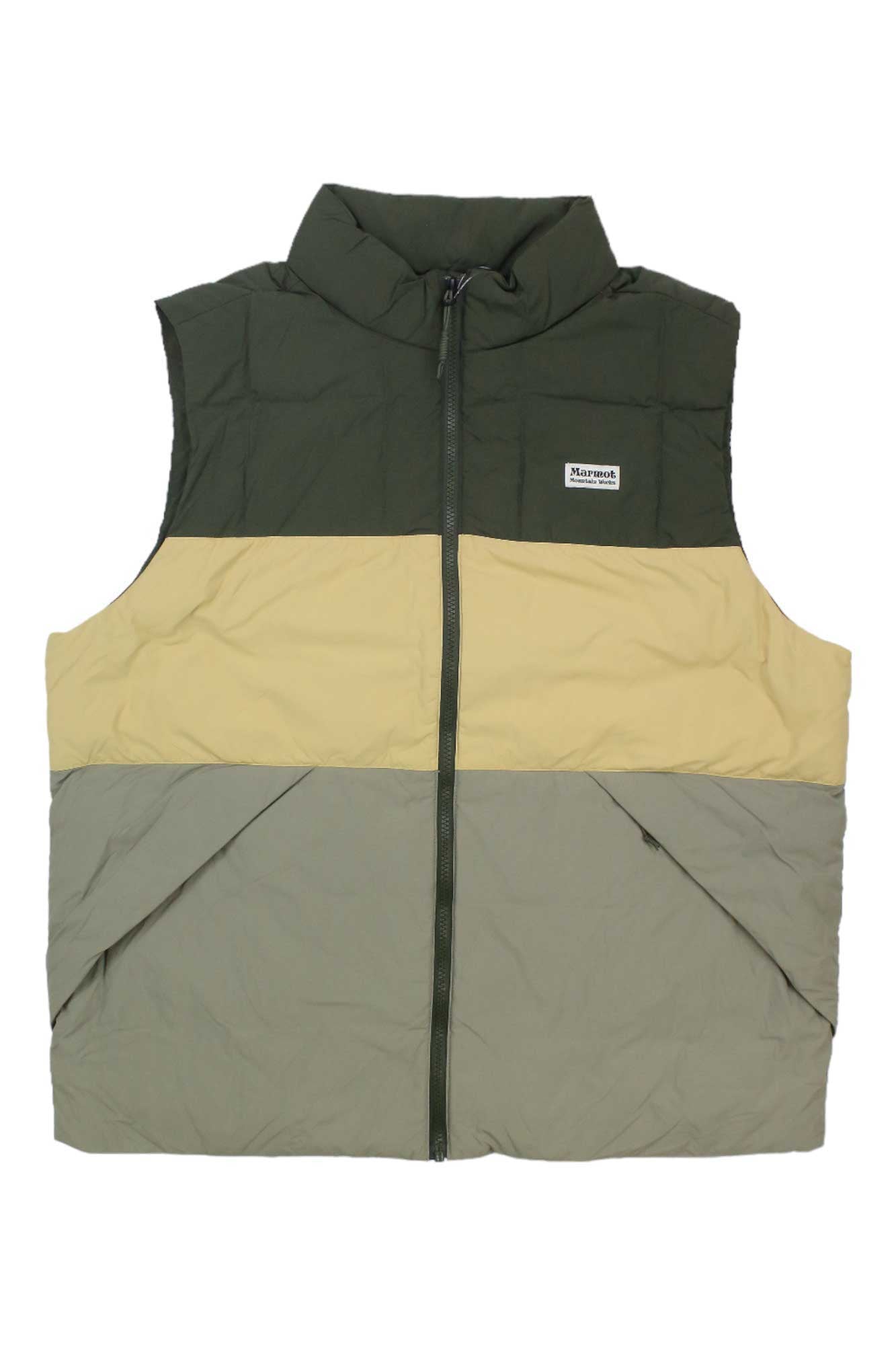 The Marmot Mens Ares Vest is a lightweight sleeveless puffer with horizontal color blocks in dark green, beige, and light olive green. It features a front zipper, high collar, and chest patch—ideal for hiking.