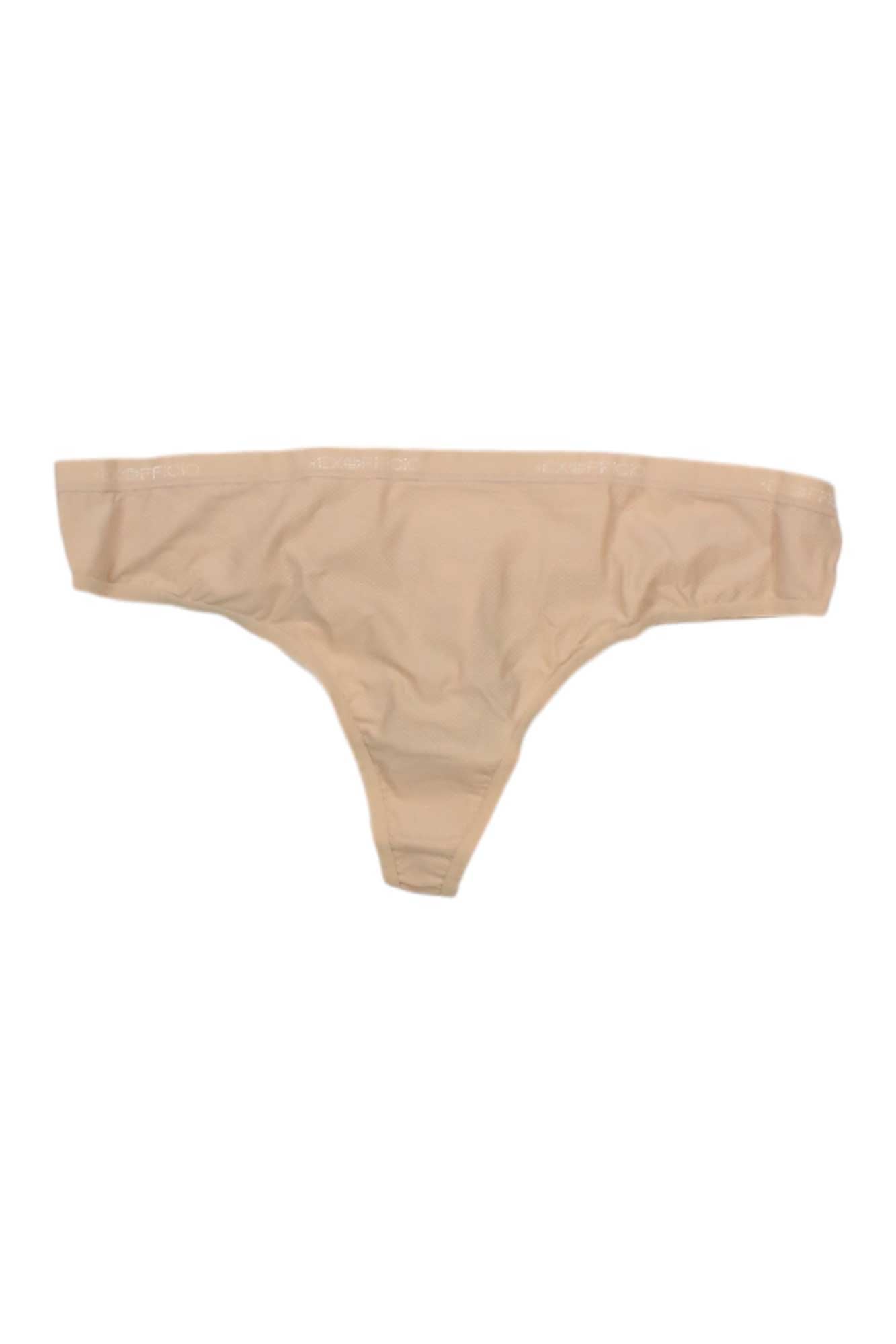 The ExOfficio Womens Give-N-Go 2.0 Thong in beige, a lightweight performance underwear, is laid flat against a white background.