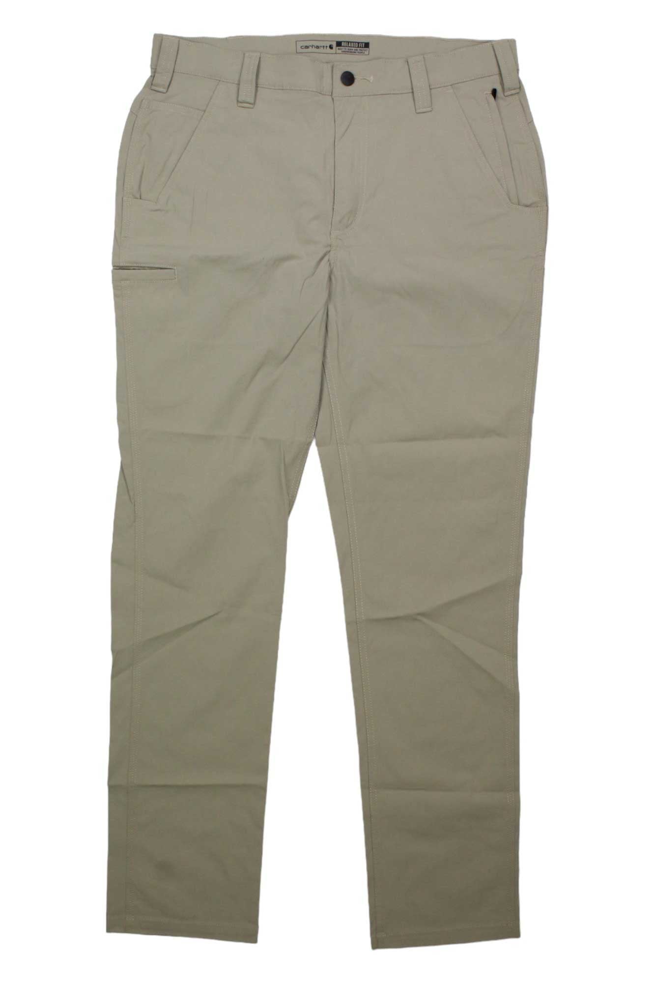 Carhartt men's work pants in pale tan ripstop, flat front, button waist, belt loops.