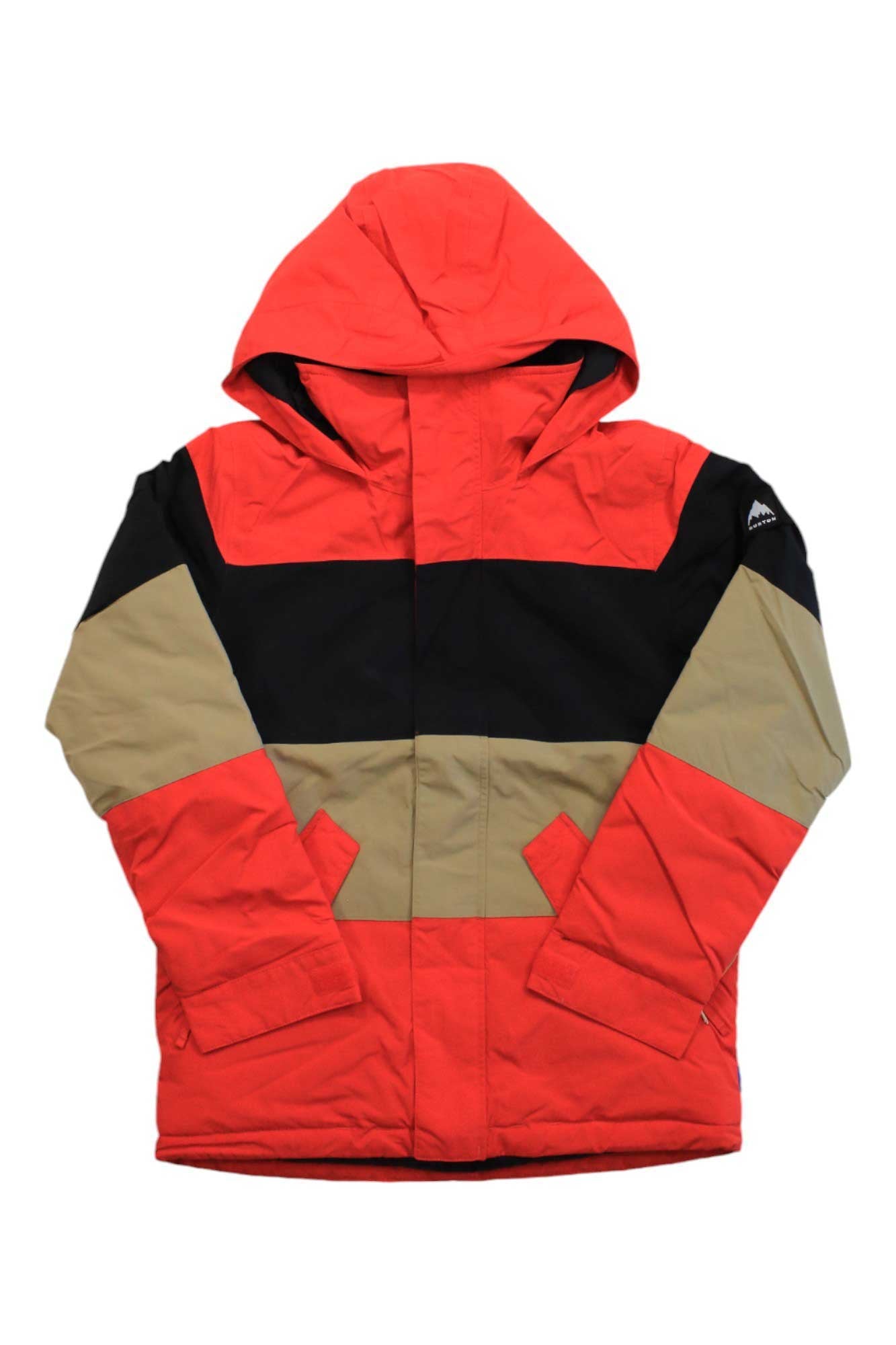 Boys insulated hooded jacket in red with black upper panel and tan side panels