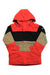 Boys insulated hooded jacket in red with black upper panel and tan side panels