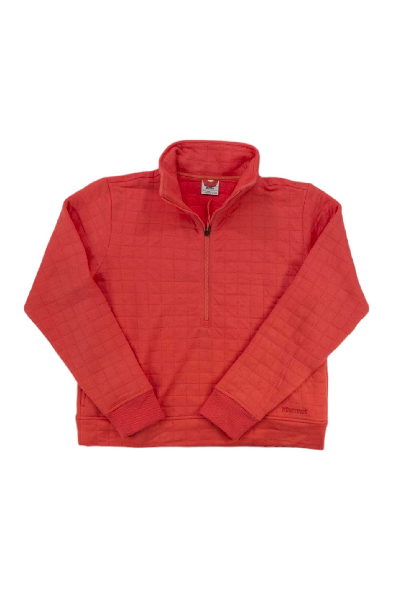 The Womens Roice 1/2 Zip is a red quilted fleece pullover with a stand-up collar and long sleeves, perfect as an eco-friendly hiking shirt for women. Shown here on a white background.