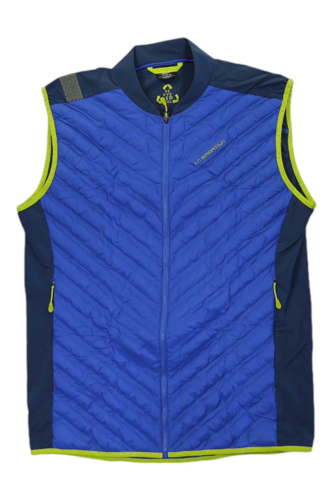 The La Sportiva Mens Alya Vest is a sleeveless, zip-up blue vest with neon yellow accents, two zippered side pockets, insulated for running, PFC-free for eco-friendly performance, and features the brand name on the chest.