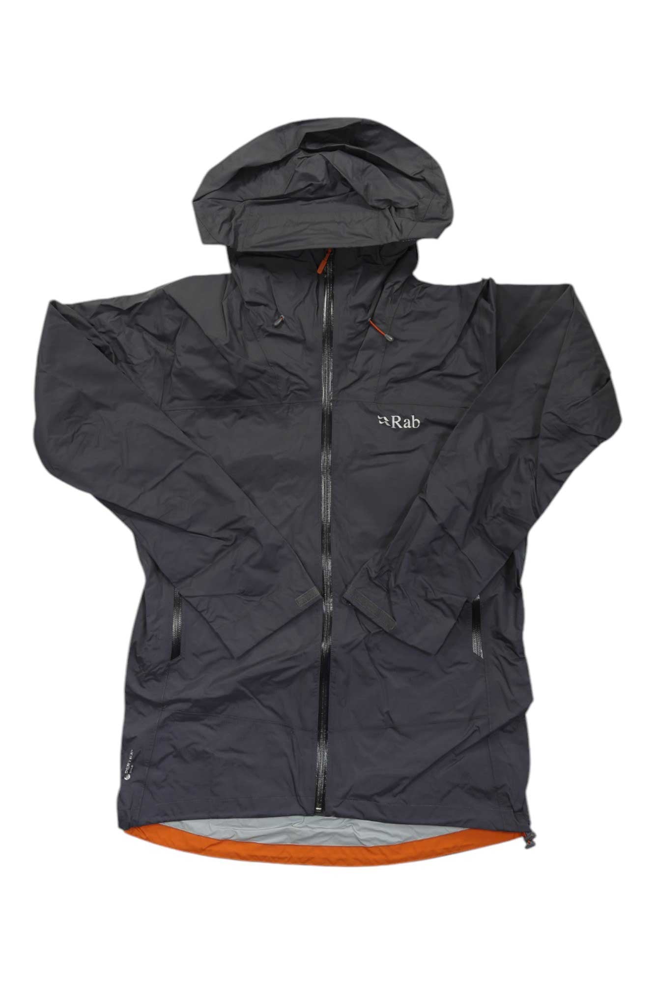 The Rab Mens Downpour Plus 2.0 Jacket is a dark gray, lightweight, waterproof hiking jacket with a hood, front zipper, two side zip pockets, the Rab logo on the chest, and an orange lining visible when laid flat.