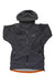 The Rab Mens Downpour Plus 2.0 Jacket is a dark gray, lightweight, waterproof hiking jacket with a hood, front zipper, two side zip pockets, the Rab logo on the chest, and an orange lining visible when laid flat.
