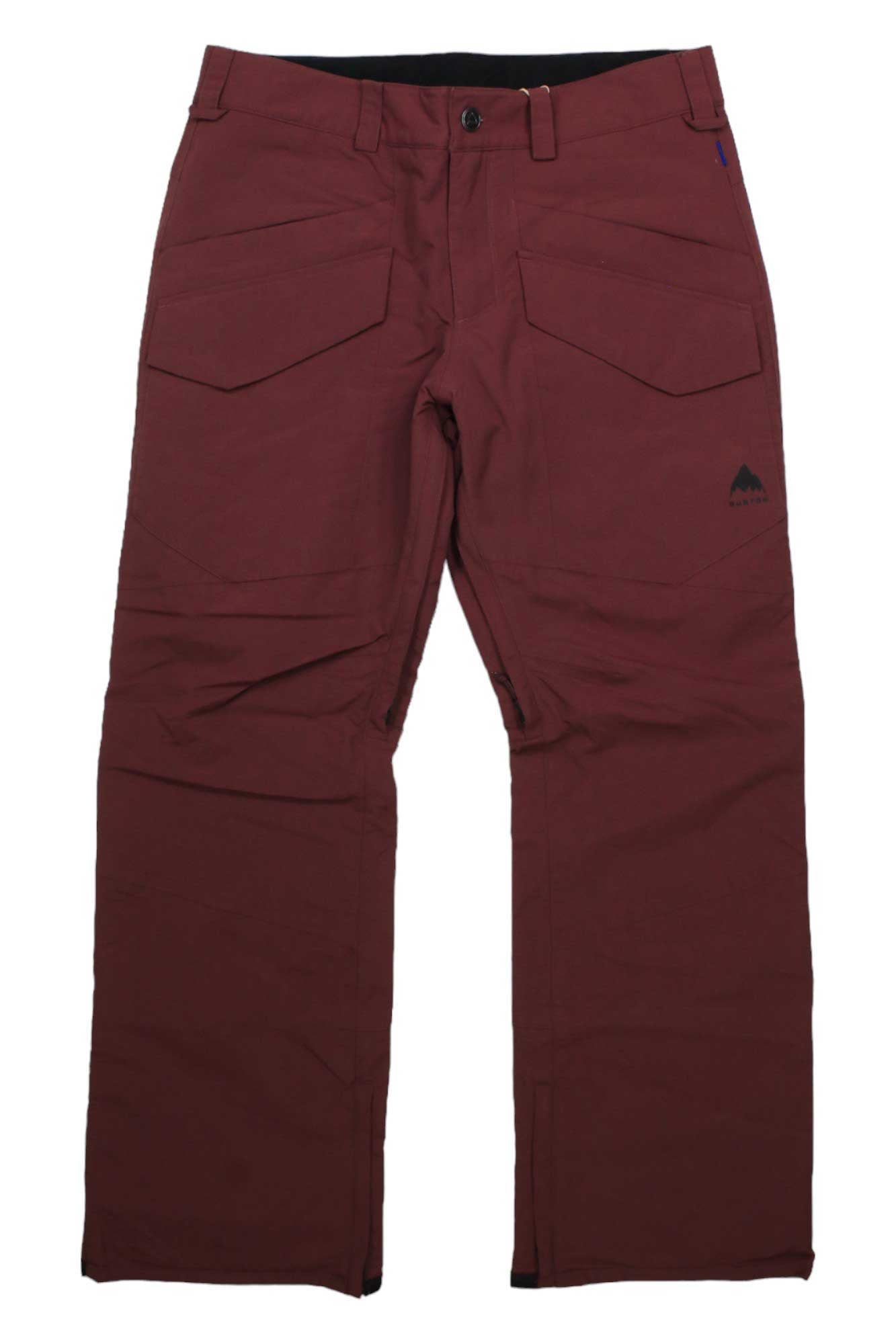 The Burton Mens Covert 2.0 Insulated Pant in burgundy features front and cargo pockets, button-zipper closure, a black mountain logo on the right thigh, straight-leg fit, and durable fabric—perfect for hiking.