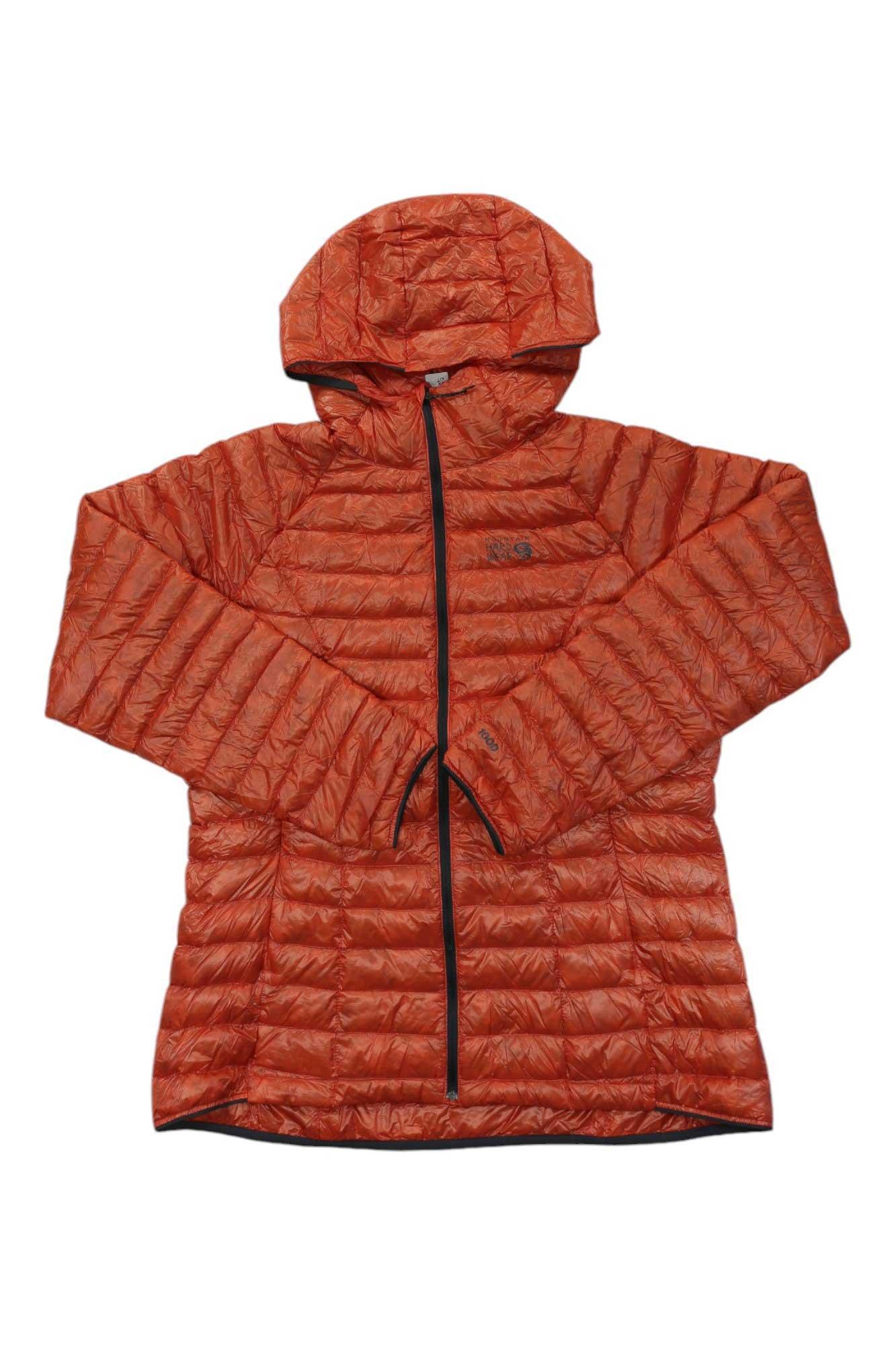 Women’s hooded down jacket in red with full front zipper and stitched baffles