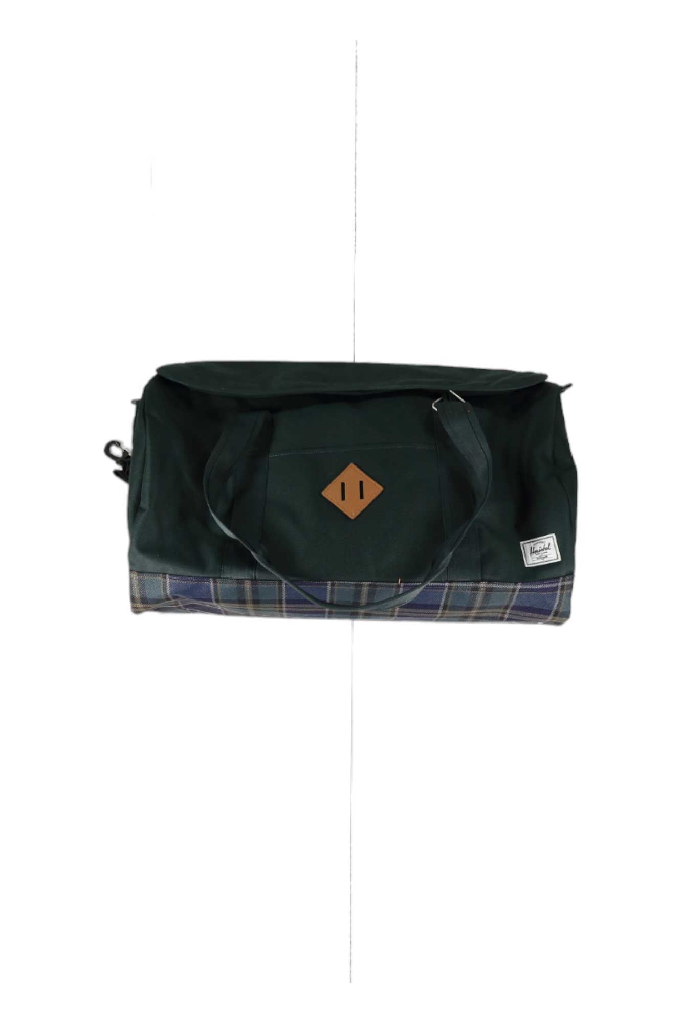 The Herschel Supply Company Heritage Duffle features dark green EcoSystem 600D Fabric, black handles, a brown leather patch, and a blue plaid bottom—ideal for stylish travel.