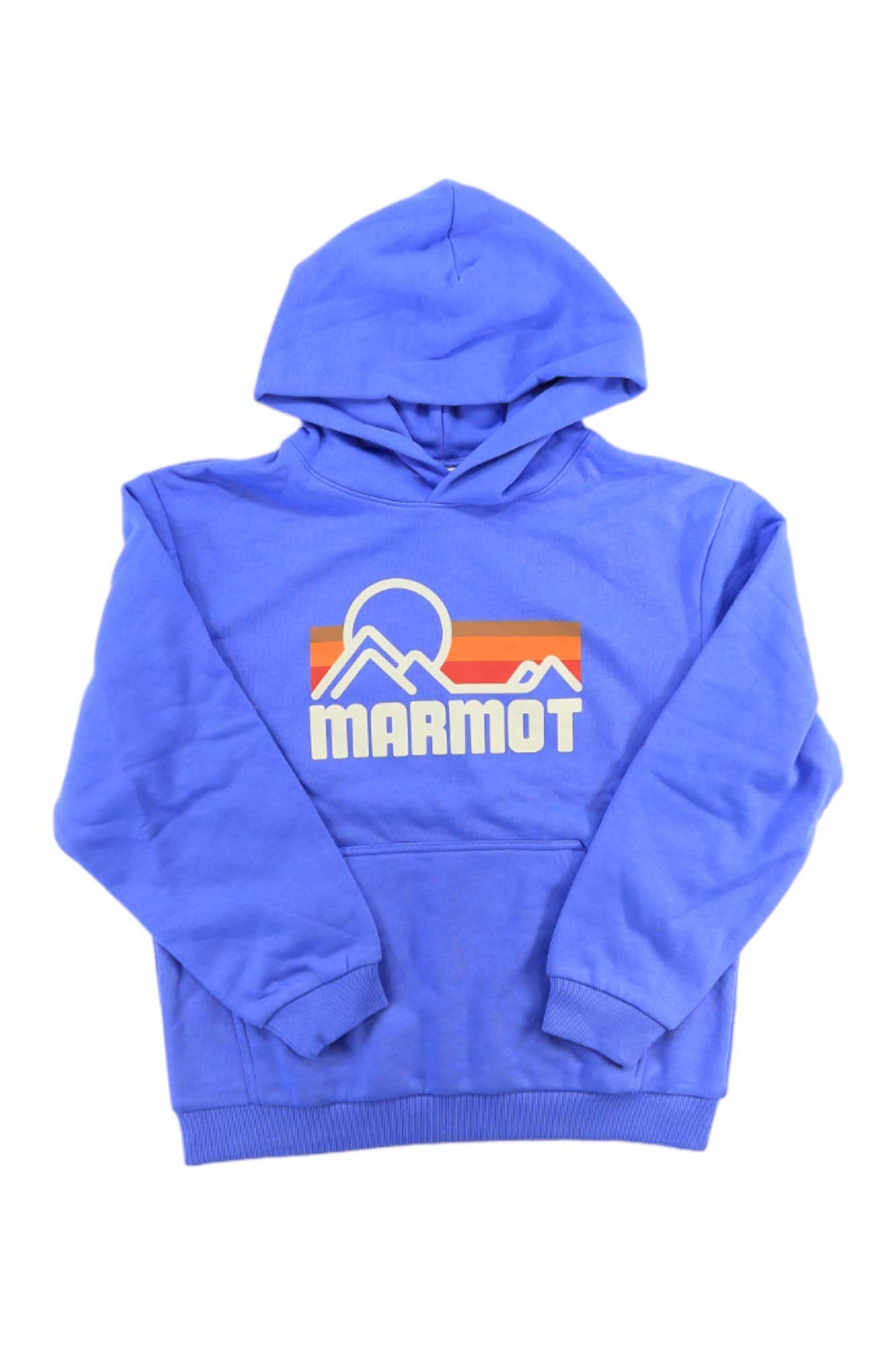 Light blue women's pullover hoodie with Marmot logo, drawstring hood, and front pouch