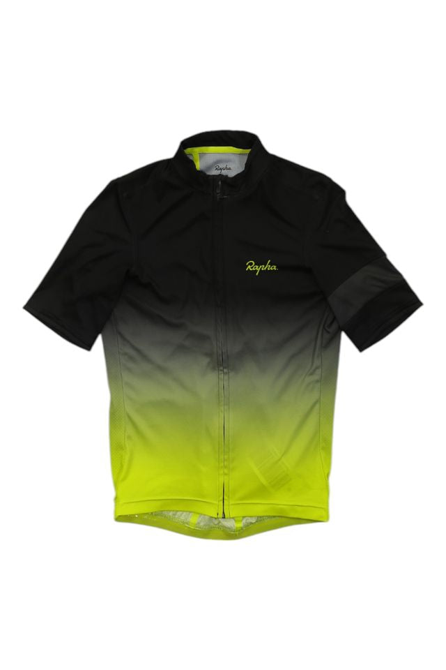 The Rapha Mens Super Lightweight Jersey features short sleeves, a black to neon yellow gradient, front zipper, and the Rapha logo on the left chest.