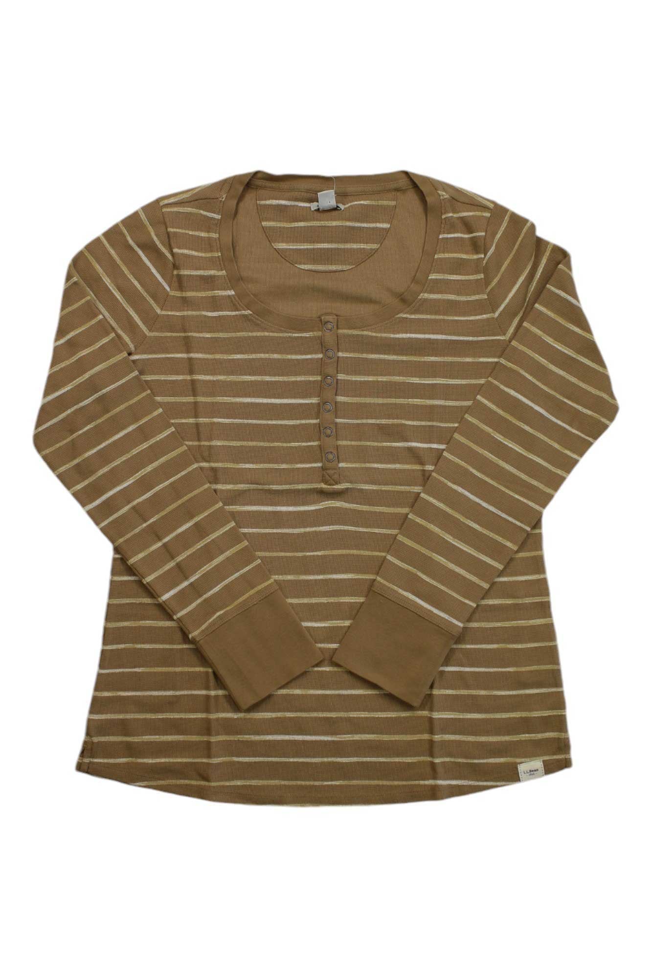 Women’s brown striped long-sleeve henley with button front and tan diamond chest detail