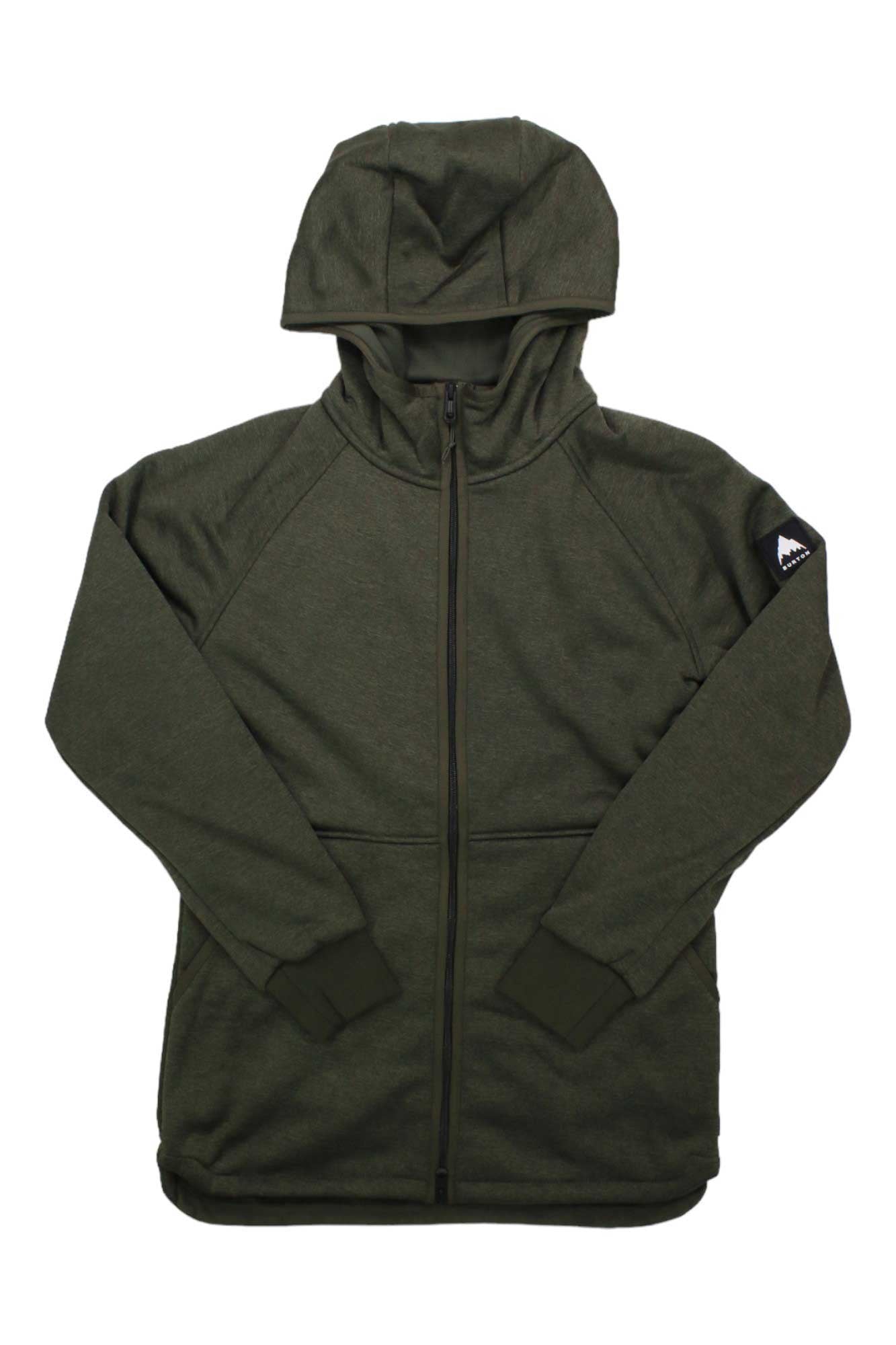 The Burton Womens Minxy Full Zip Fleece Jacket is a dark green, eco-friendly hooded jacket featuring a zipper and a small triangular logo on the left sleeve.