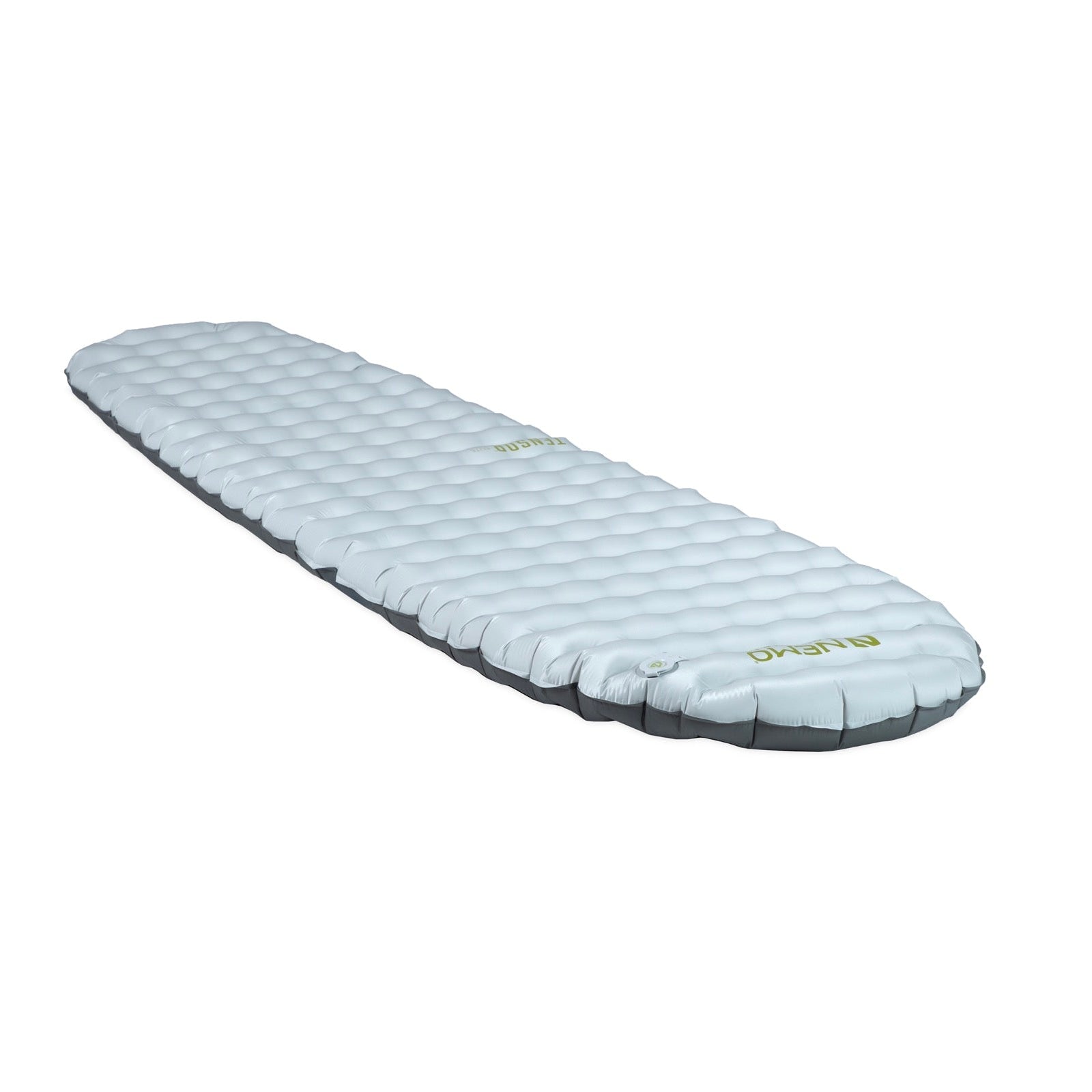 The Nemo Tensor Elite Mummy Sleeping Pad Regular is a lightweight, mummy-shaped ultralight sleeping pad with a textured, bubble-like surface and rounded corners. The yellow brand name is printed on the pad, designed for camping or outdoor use.