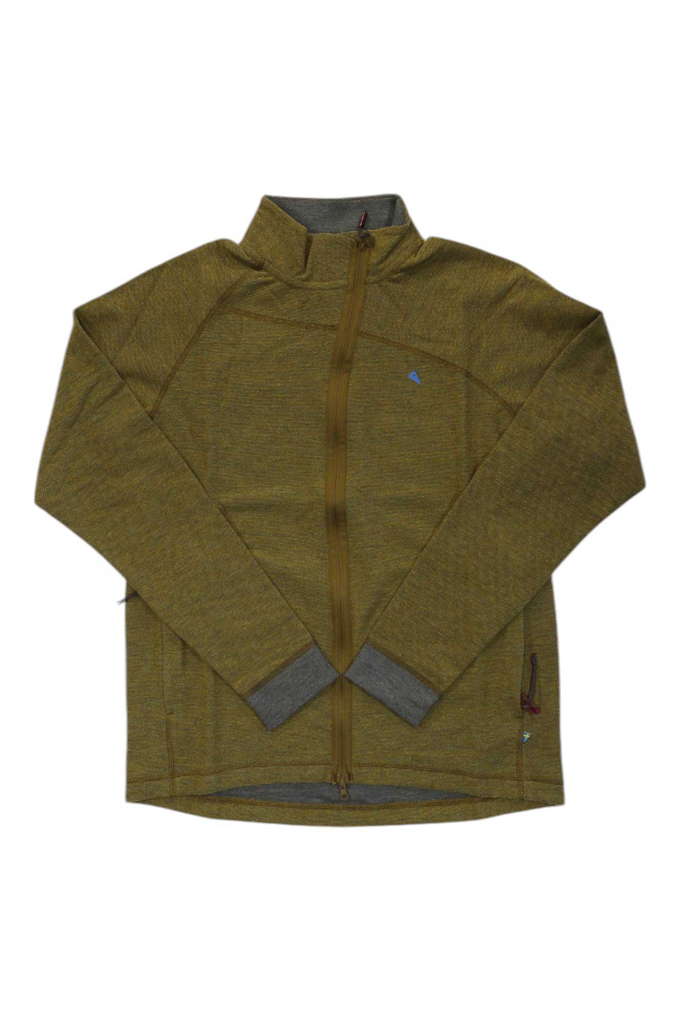 Men's mustard zip jacket with stand collar, long sleeves, and front zipper