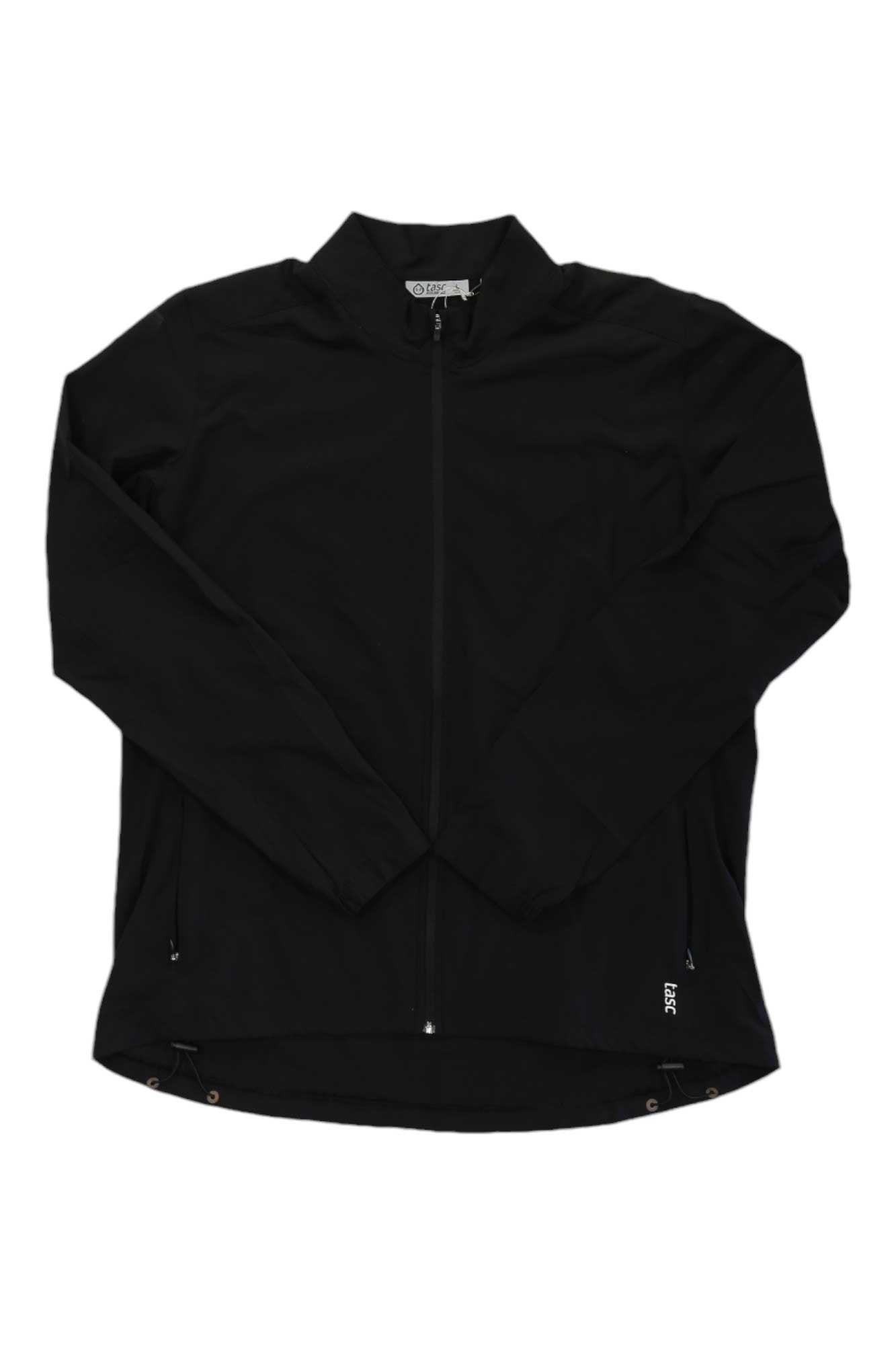 Women's black zip-up jacket with stand collar and long sleeves