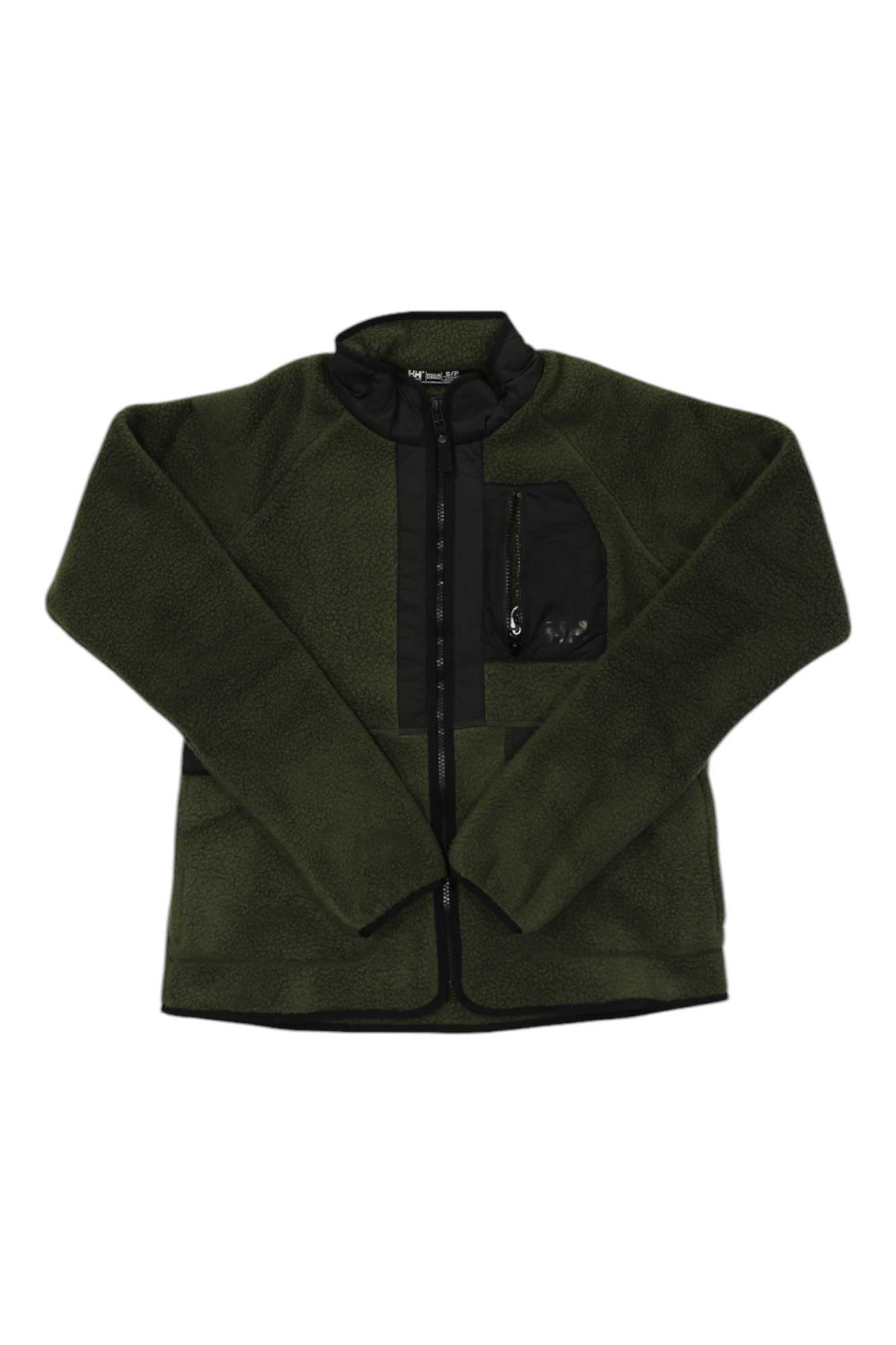 The Helly Hansen Womens Aurora Pile Jacket in dark green features a black zipper, trim, and left chest pocket, laid flat on a white background—ideal for cozy hikes.