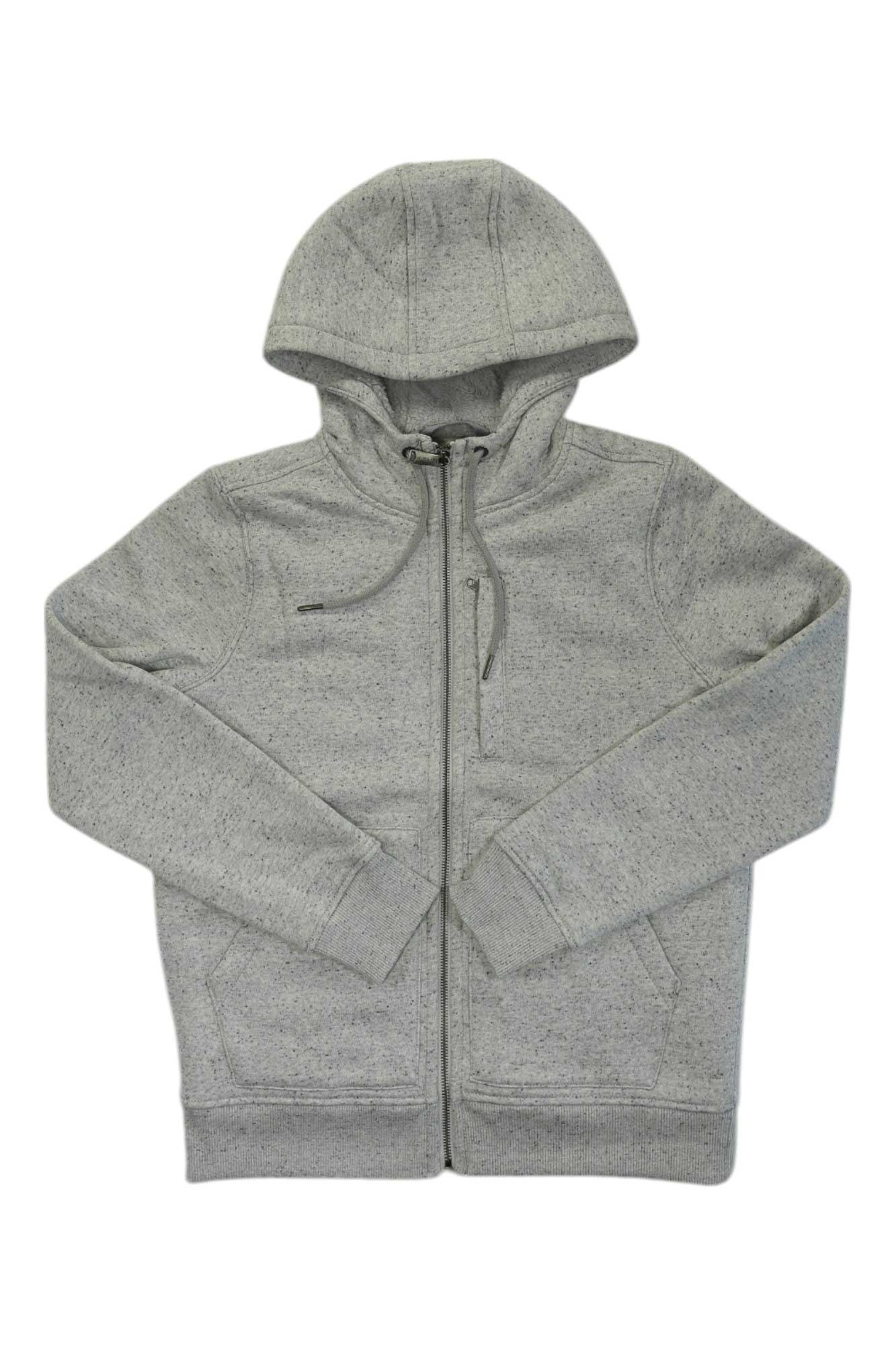A Carhartt Womens Relaxed Fit Midweight Sherpa Lined Full Zip Sweatshirt in light gray with a drawstring hood, long sleeves, and front pockets is laid flat on a white background.