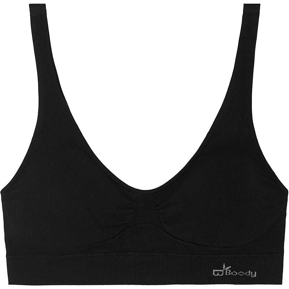 The Boody Womens Padded Bra is a black, seamless, eco-friendly bralette with wide straps and a deep V-neckline, featuring moisture-wicking comfort for everyday wear.