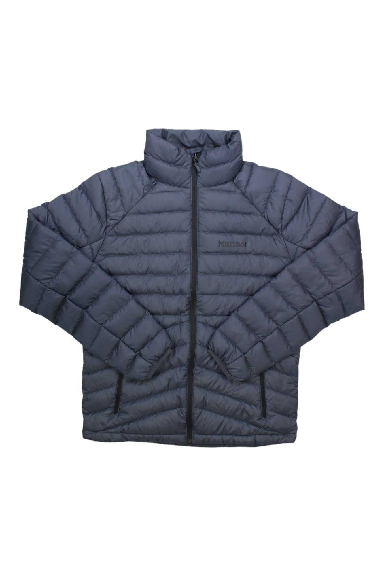 The Marmot Men's Highlander Down Jacket is a dark grey, quilted puffer with a front zipper, high collar, and two zippered side pockets, shown laid flat on a white background.