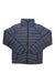 The Marmot Men's Highlander Down Jacket is a dark grey, quilted puffer with a front zipper, high collar, and two zippered side pockets, shown laid flat on a white background.