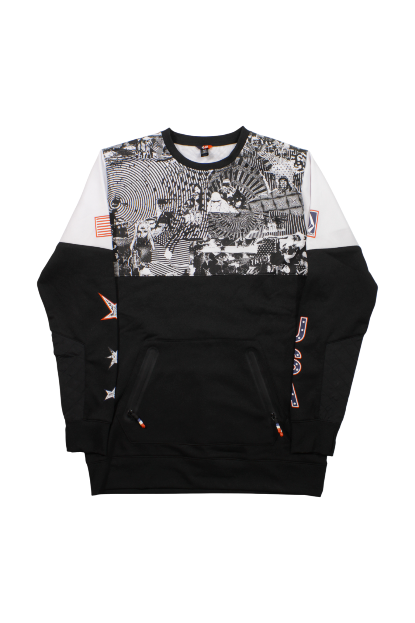 The Volcom Men's Team USA Let it Snow Crew Fleece Top is a black and white long-sleeve sweatshirt with geometric patterns on the chest and upper arms, zippered front pockets, and crafted from water-resistant nylon.