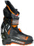 Ski boot with orange-striped panels, RECCO badge, black shell and buckles