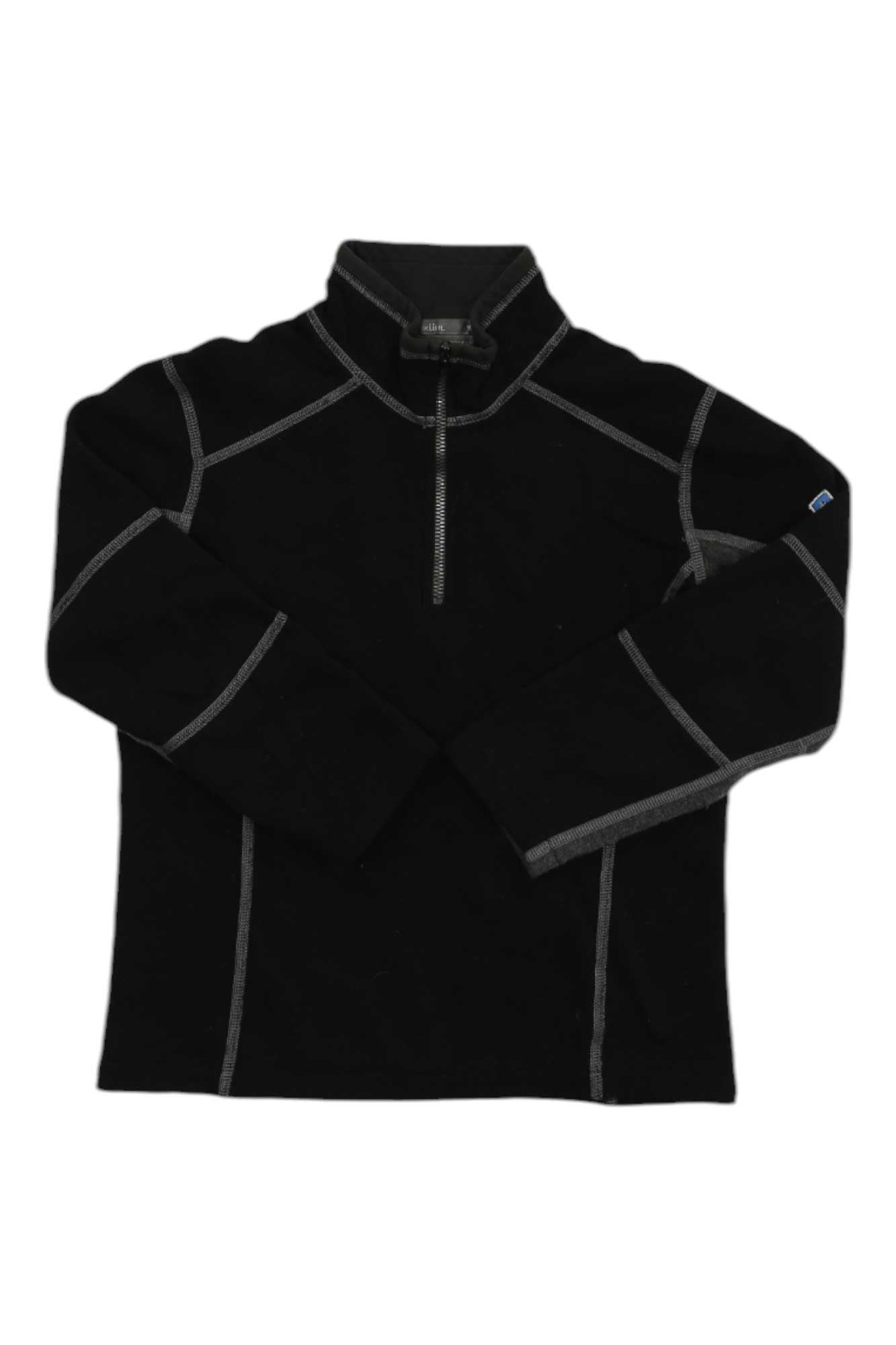 Kids quarter-zip baselayer top, black with gray trim and long sleeves with thumb loops.