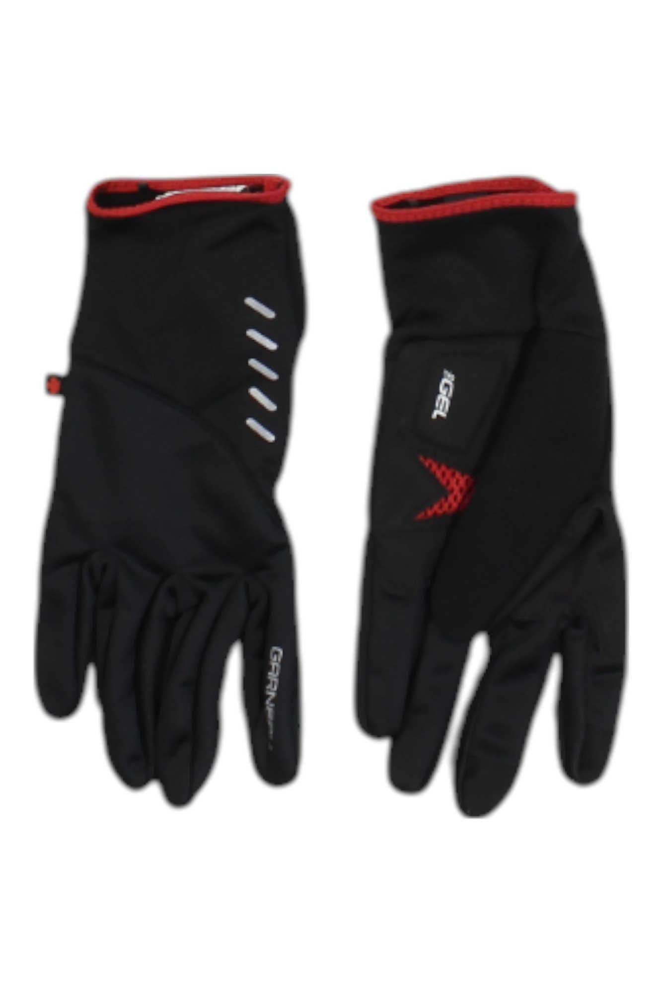 The Louis Garneau Gel Attack Glove is a pair of black cycling gloves with red trim—one has white stripes, the other features a red textured patch—shown laid flat on white, ideal for breathable, comfortable bike rides.