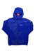 A blue Salewa Men's Ortles Hybrid TW CLT Jacket featuring a wind-resistant insulated hood, front zipper, orange inner lining, and a small white and red chest logo is laid flat on a white background.