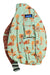 The KAVU Womens Rope Sling Bag is water-resistant, made from durable 600D polyester with a green base, orange palm tree and mountain print, visible KAVU logo, multiple compartments, and an adjustable patterned strap.