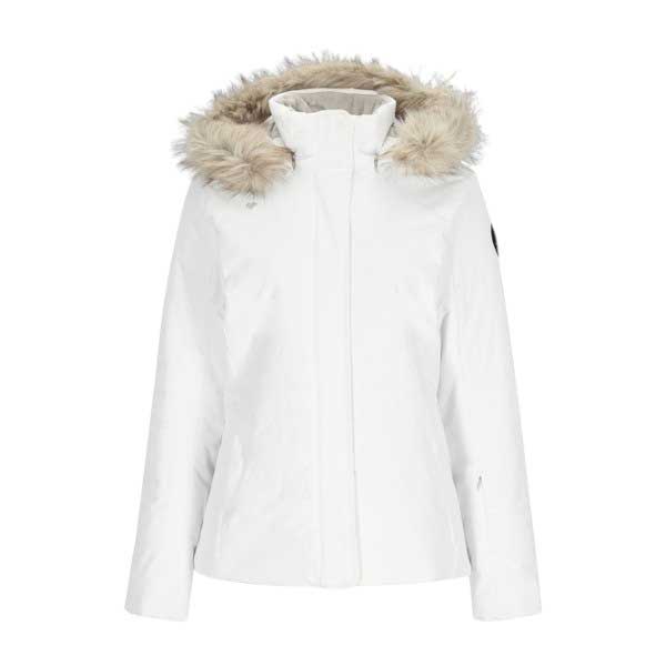The Obermeyer Womens Tuscany Elite Jacket is a white waterproof ski jacket with PrimaLoft insulation, a fur-trimmed hood, and a black logo on the sleeve.