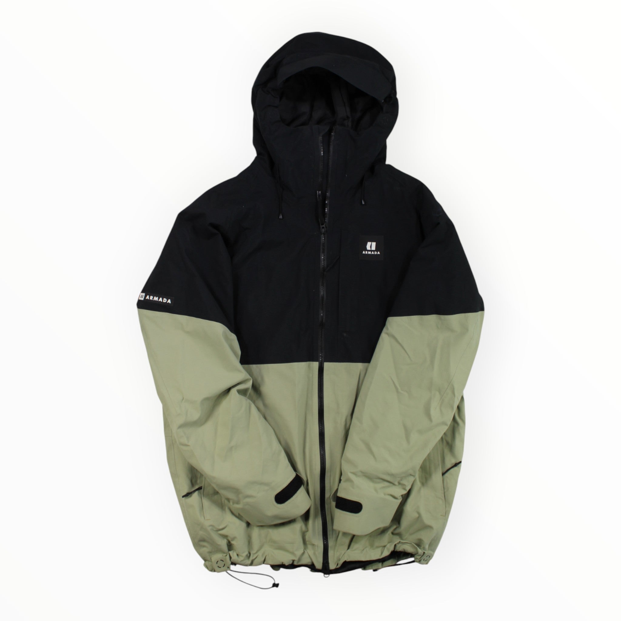 The Armada Men's Grands 3L Insulated Jacket is a two-tone outdoor jacket with a black upper and sleeves, olive green lower section, front zipper, hem drawstrings, and logos on the left chest and sleeve.