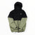 The Armada Men's Grands 3L Insulated Jacket is a two-tone outdoor jacket with a black upper and sleeves, olive green lower section, front zipper, hem drawstrings, and logos on the left chest and sleeve.