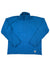 The Mens Trail Mix Snap Pullover is a blue, long-sleeve shirt with a stand-up collar, button placket, gridded fleece fabric for comfort, and a small rectangular patch near the bottom hem.