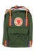 Mini backpack with dark green body, rainbow striped top handles, and front pocket flap