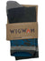 Performance socks with dark gray and teal print, ribbed cuff, toe and heel knit