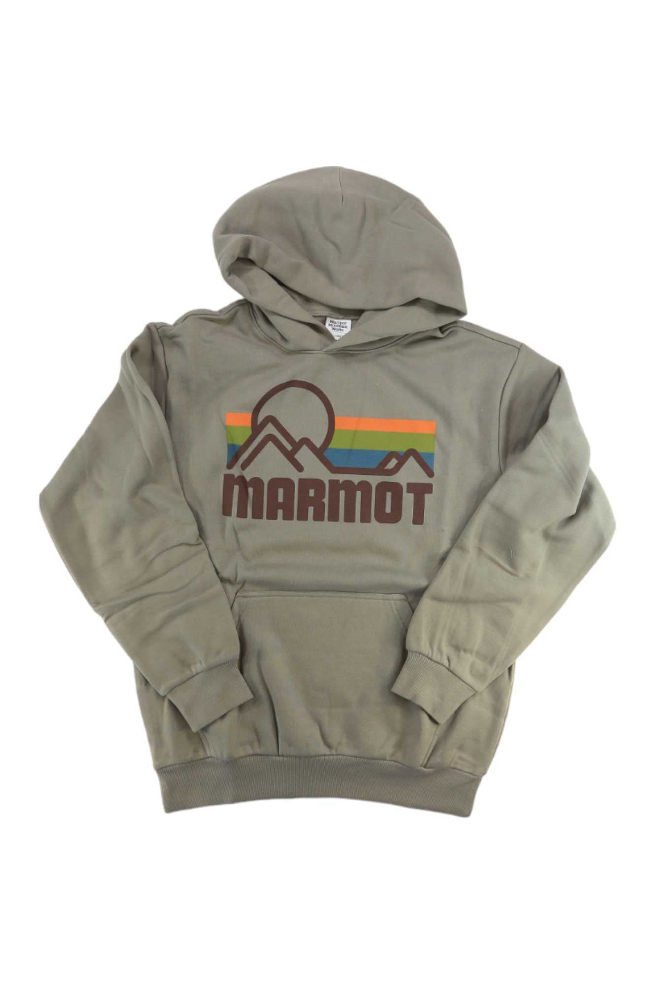 The Marmot Mens Coastal Hoody in khaki green, made from recycled polyester, features "MARMOT" and a mountain & sun graphic in brown, orange, yellow, and green. The men's hoodie is shown laid flat on a white background.