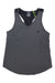 The Craft Sportswear Women's Adv Charge Perforated Singlet is a sleeveless dark gray racerback gym top with a small left chest logo, black inner lining with white polka dots, and a neon green loop inside the neckline.