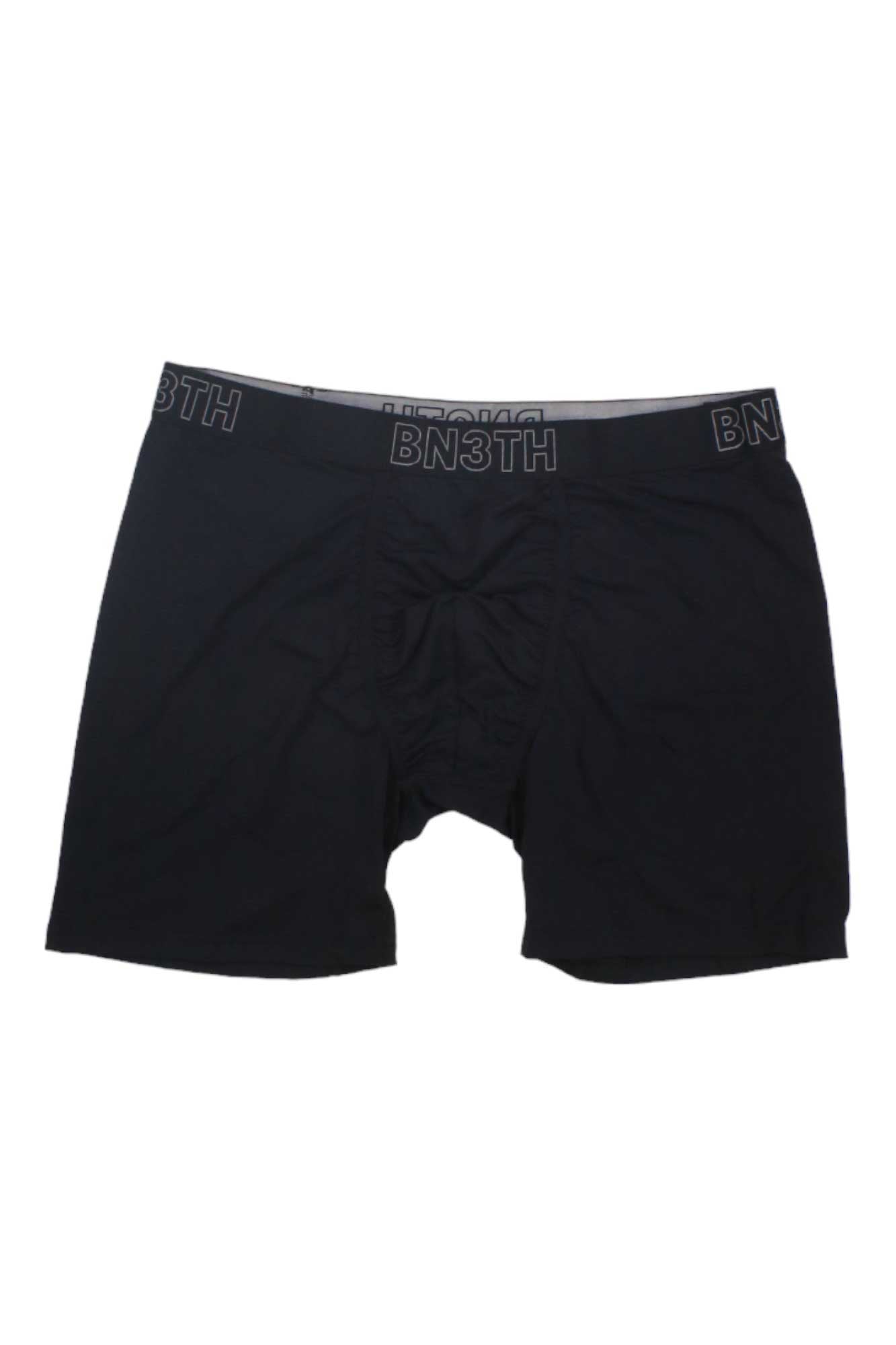 The BN3TH Men's Pulse Boxer Brief is a black men's underwear with a black waistband featuring "BN3TH" in white. Moisture-wicking and laid flat on a plain white background.