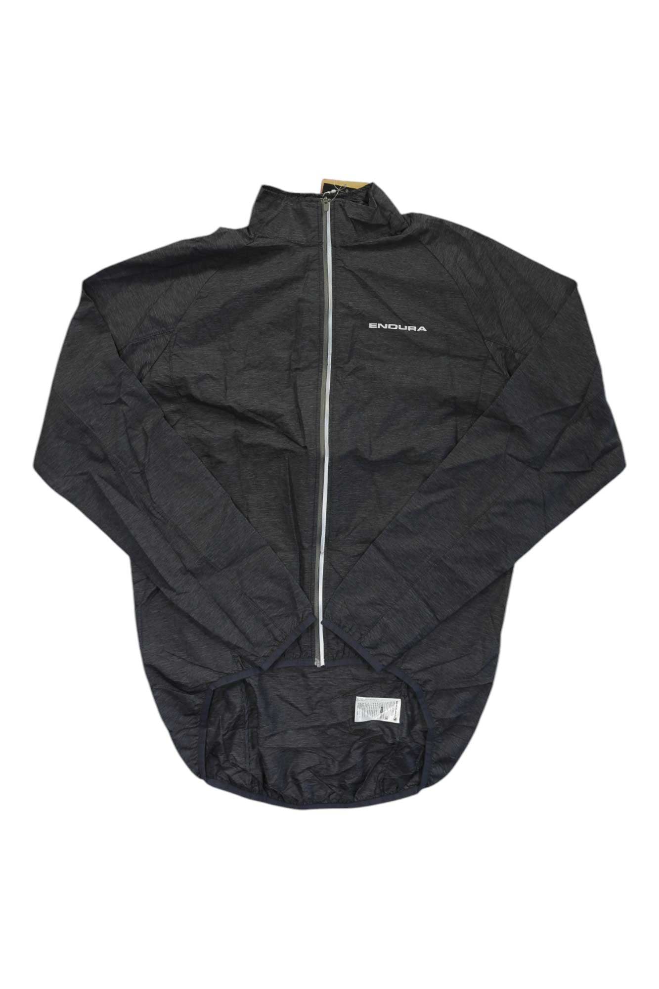 The Endura Mens Pakajak Jacket, in black with long sleeves, a high collar, front zipper, and zippered back pocket, is laid flat on a white background. This lightweight and breathable cycling jacket is great for your rides.